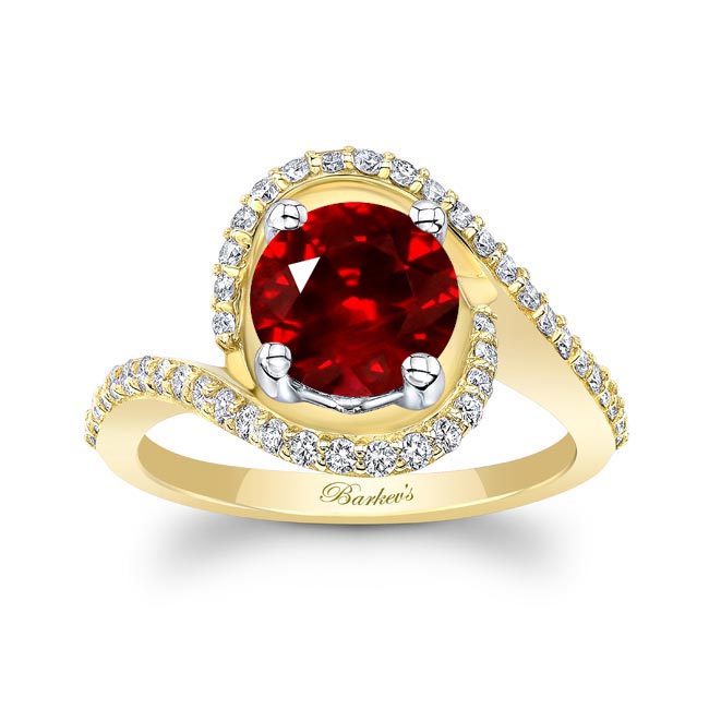 Yellow Gold Floating Halo Lab Ruby And Diamond Engagement Ring