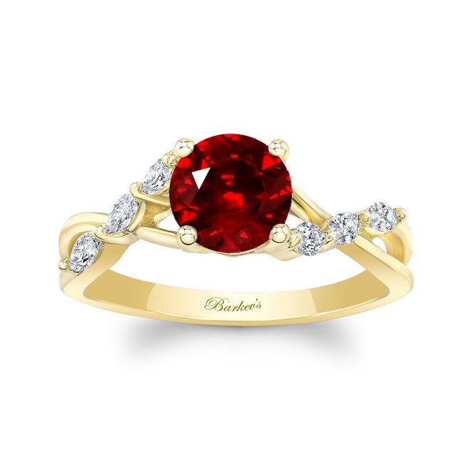 Yellow Gold Lab Ruby And Diamond Marquise Accent Ring