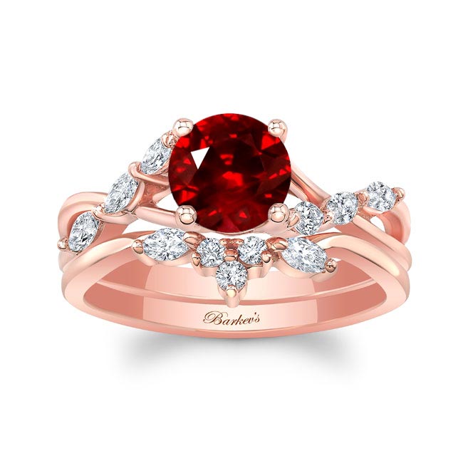 Rose Gold Ruby And Diamond Marquise Accent Wedding Set