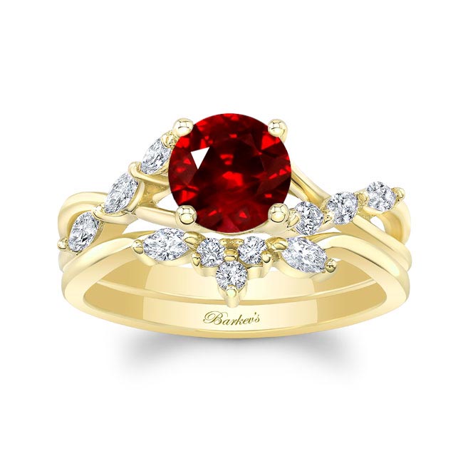Yellow Gold Lab Ruby And Diamond Marquise Accent Wedding Set