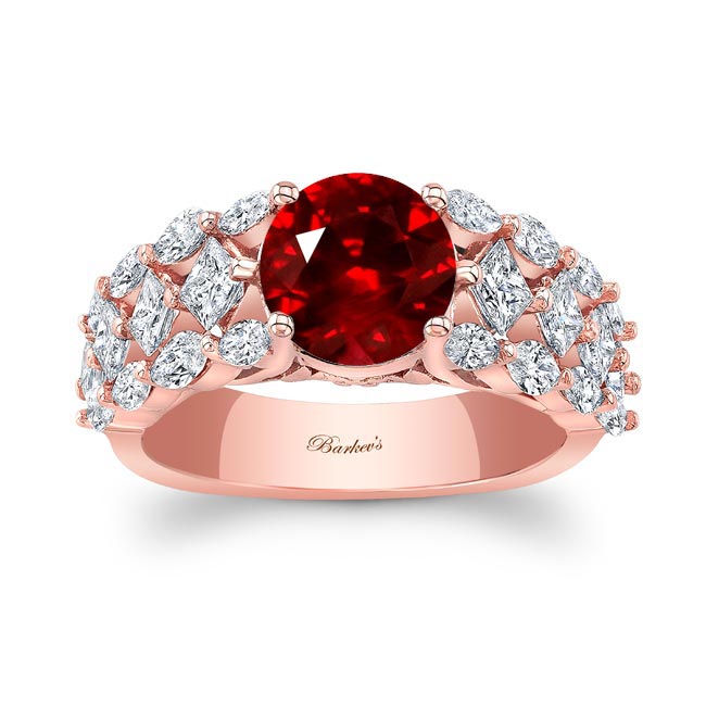 Rose Gold Three Row Lab Grown Ruby And Diamond Ring