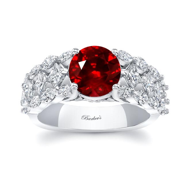 White Gold Three Row Lab Grown Ruby And Diamond Ring