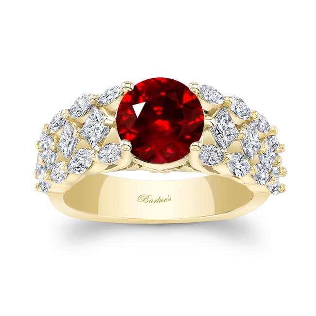 Yellow Gold Three Row Lab Grown Ruby And Diamond Ring