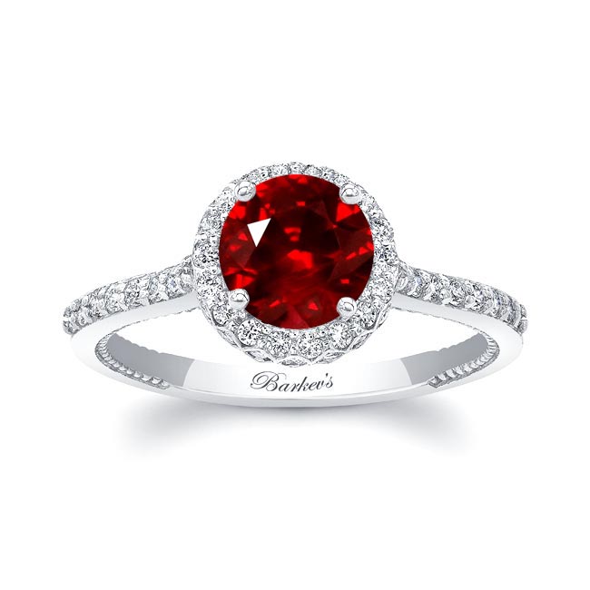 White Gold Round Halo Lab Ruby And Diamond Ring