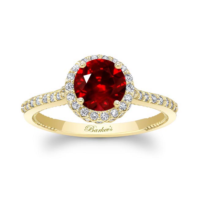Yellow Gold Round Halo Ruby And Diamond Ring
