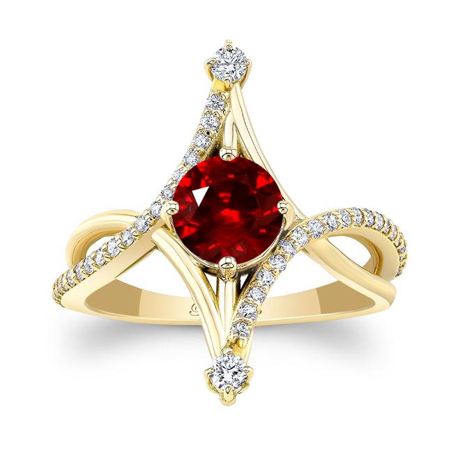 Yellow Gold Unusual Round Lab Grown Ruby And Diamond Ring