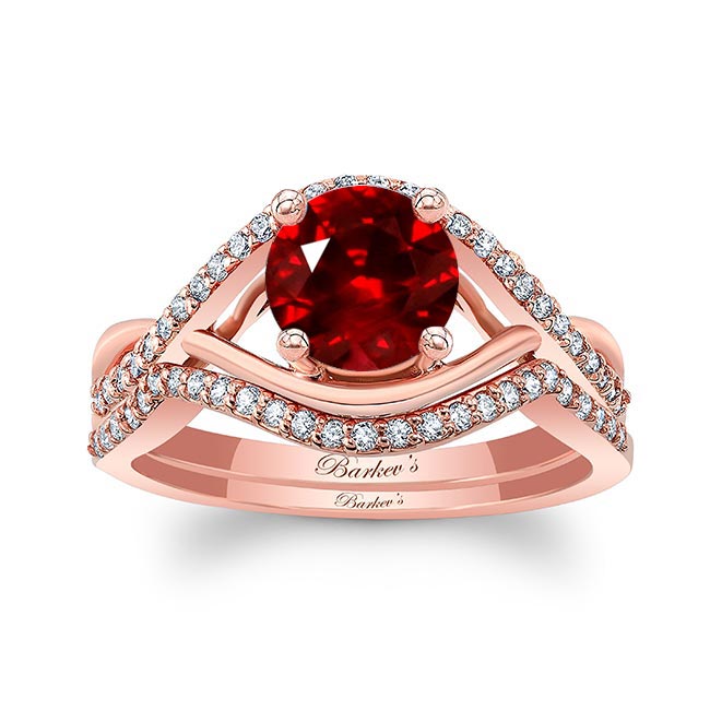 Rose Gold Lab Grown Ruby And Diamond Criss Cross Ring Set