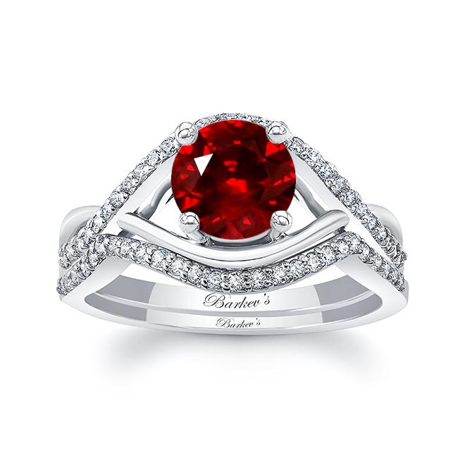 White Gold Lab Grown Ruby And Diamond Criss Cross Ring Set
