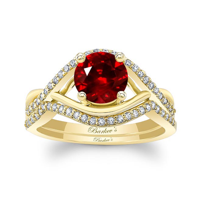 Yellow Gold Lab Grown Ruby And Diamond Criss Cross Ring Set