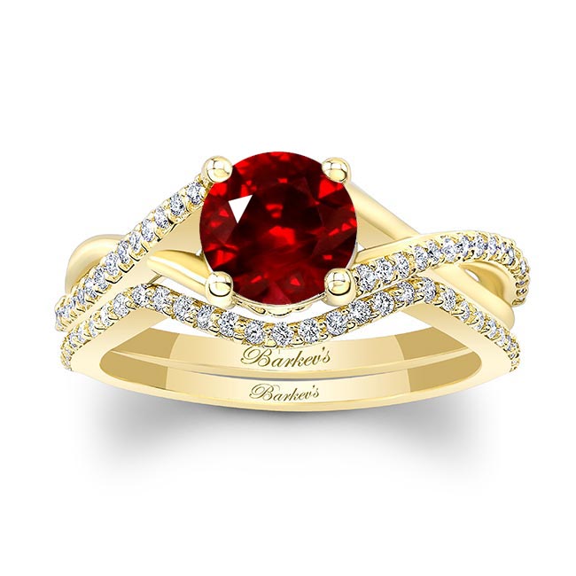Yellow Gold One Carat Lab Grown Ruby And Diamond Bridal Set