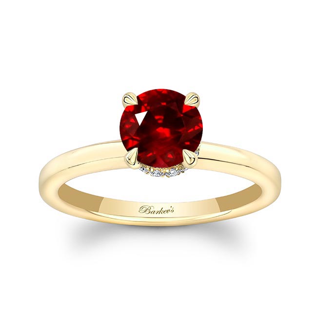 Yellow Gold Round Hidden Halo Lab Grown Ruby And Diamond Engagement Ring