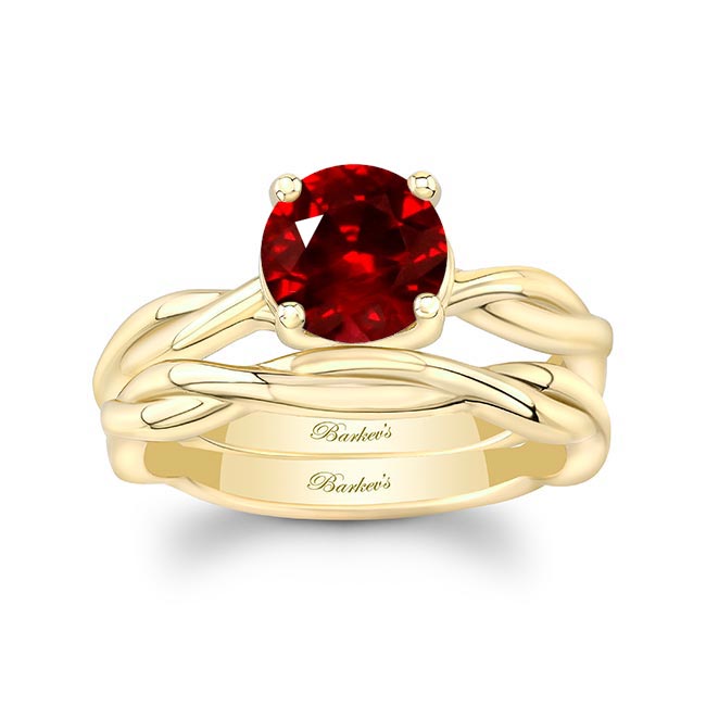 Yellow Gold Lab Grown Ruby Twist Solitaire Bridal Set