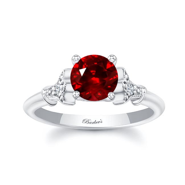 White Gold Petite Leaf Lab Grown Ruby And Diamond Engagement Ring