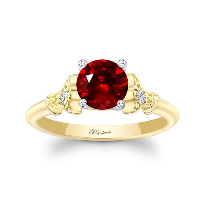Yellow Gold Petite Leaf Lab Grown Ruby And Diamond Engagement Ring