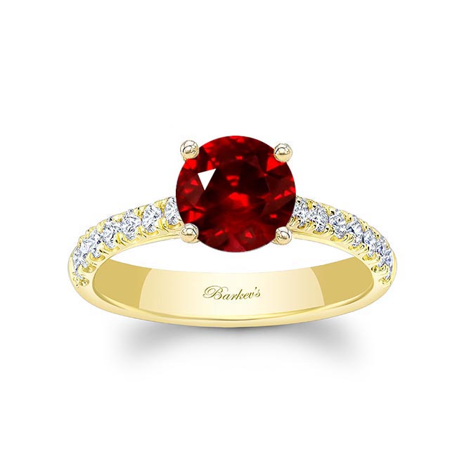 Yellow Gold Round Ruby And Diamond Engagement Ring