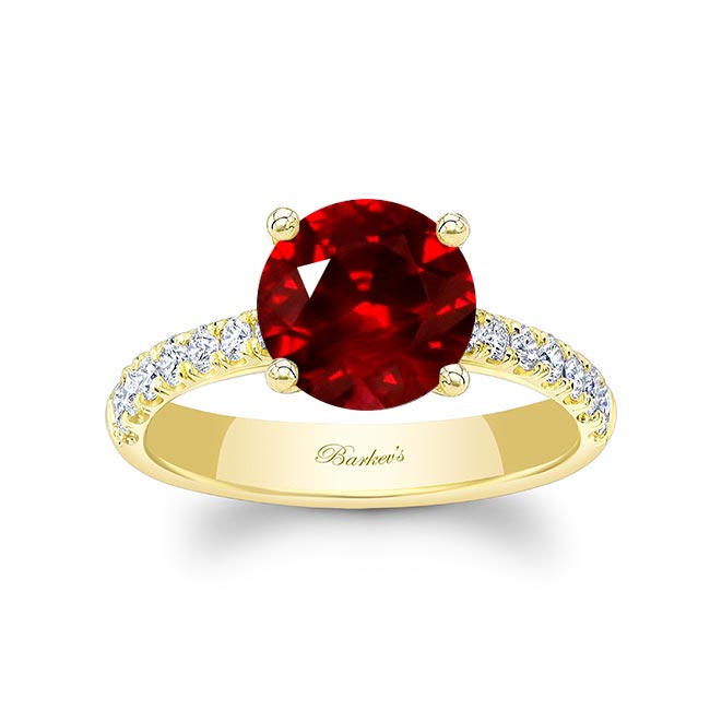 Yellow Gold 3 Carat Round Lab Grown Ruby And Diamond Engagement Ring