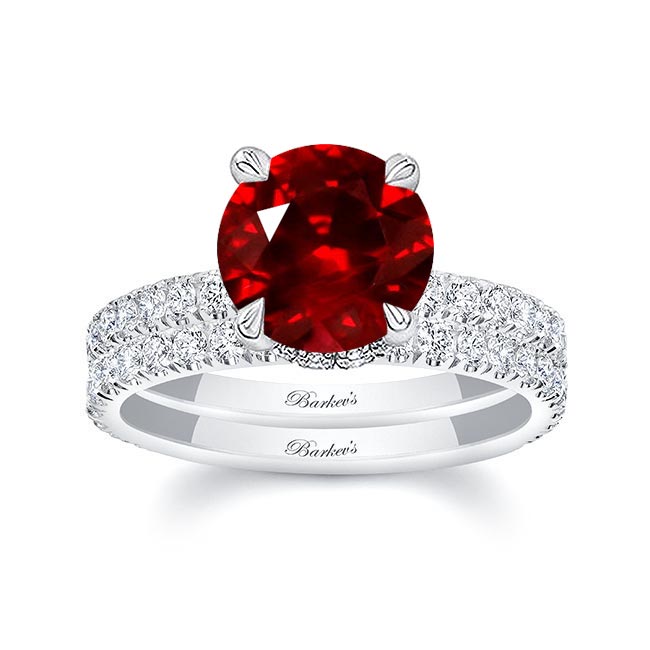 Platinum 3 Carat Lab Grown Ruby And Diamond Halo Wedding Set