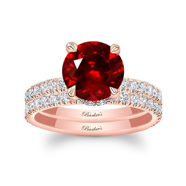 Rose Gold 3 Carat Ruby And Diamond Halo Wedding Set