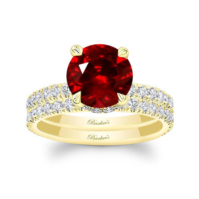 Yellow Gold 3 Carat Lab Grown Ruby And Diamond Halo Wedding Set