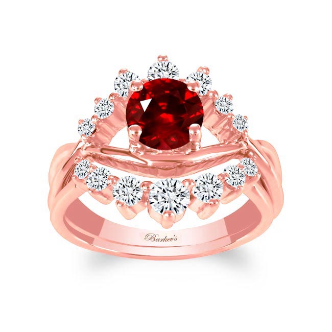Rose Gold Lab Ruby And Diamond Unique Wedding Set