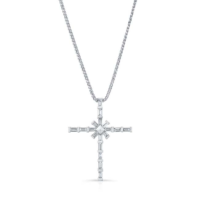Unique White Gold Baguette Diamond Cross Pendant 8209N