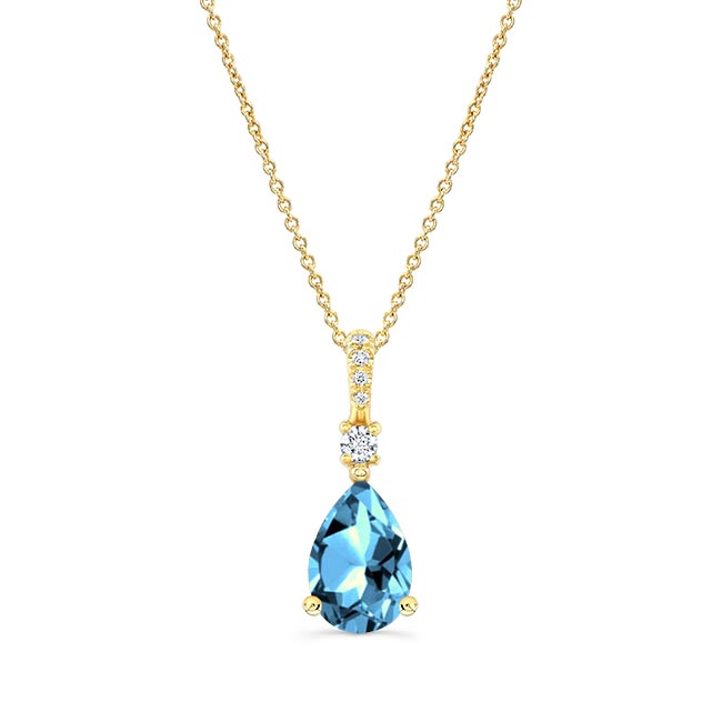 Yellow Gold Pear Shape Blue Topaz And Diamond Necklace