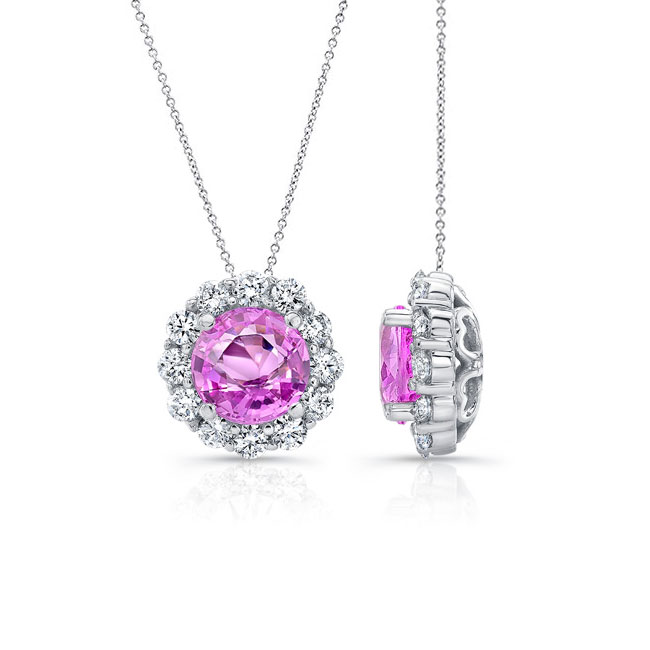  Beautiful Pink Sapphire &amp; Diamond Halo Necklace PS-8125N Image 5