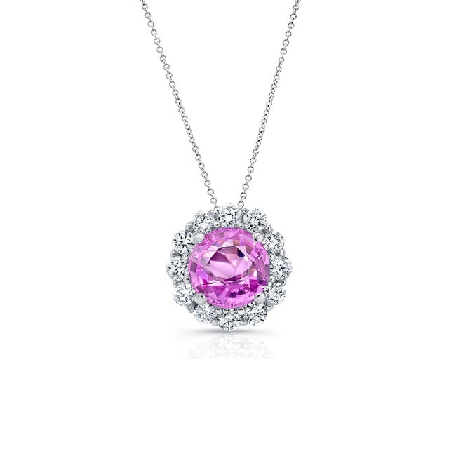 Beautiful Pink Sapphire &amp; Diamond Halo Necklace PS-8125N