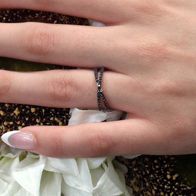 White Gold Criss Cross Black Diamond Promise Ring Image 2
